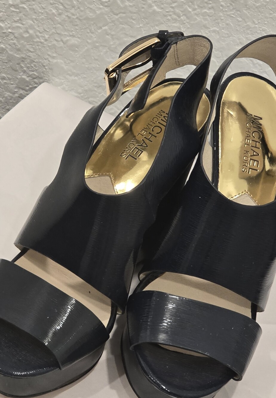 Michael Kors Black Patent Leather Open-Toe Platform Heels with Gold Insole